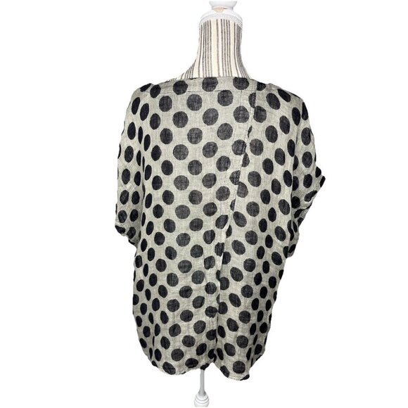 FLAX Beige Black Polka Dot Linen Back Slit Shirt Size SMALL DRY CLEANED ONLY - Picture 2 of 7
